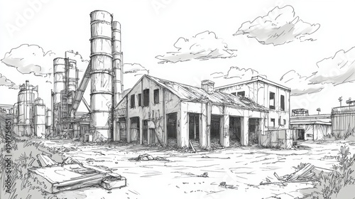 Abandoned Industrial Complex With Rusty Silos and Derelict Buildings Set Against a Dramatic Sky Illustrating Urban Decay and Neglected Infrastructure