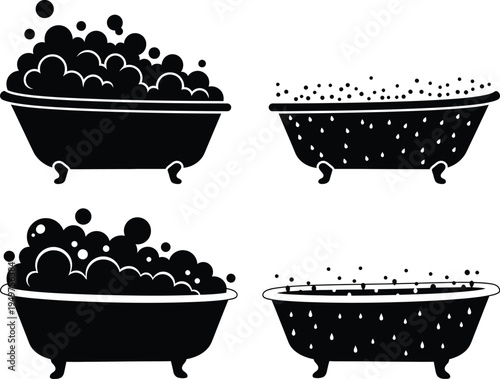A collection of four bathtub icons showing various styles of bubbles and water splashes in black