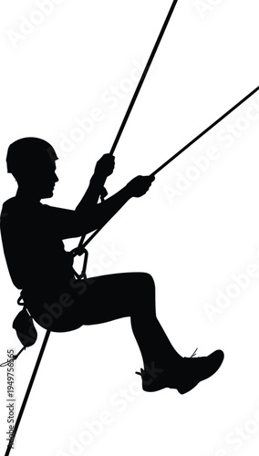 Black Silhouette Vector of a Technical Climber Rappelling Down Ropes Using Professional Safety Gear Helmet and Harness for Extreme Sports