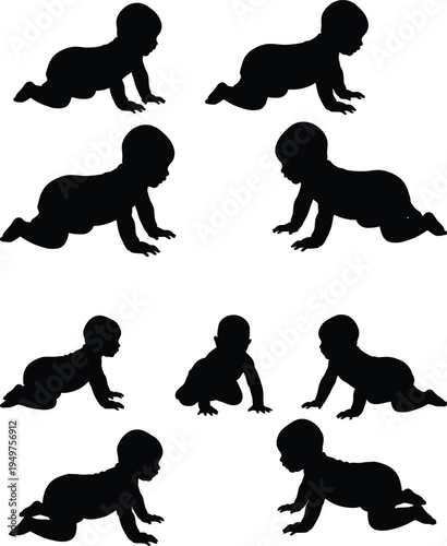 A collection of black silhouettes showing various babies crawling in different directions and poses