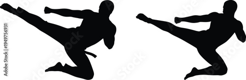 Two silhouettes of martial arts practitioners performing dynamic jumping high kicks in midair