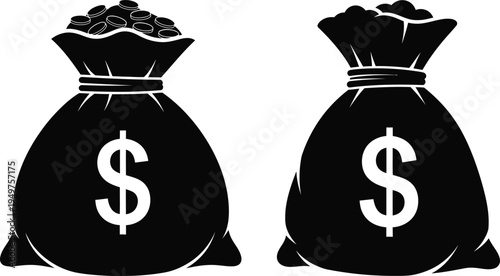 Two black and white vector icons of money bags with dollar signs representing wealth and savings