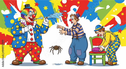 Clown spraying water at a man and another clown with a spider nearby in a colorful circus scene