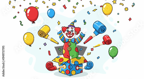 A joyful clown surrounded by colorful balloons and confetti celebrating a festive party with a lively atmosphere and vibrant decorations