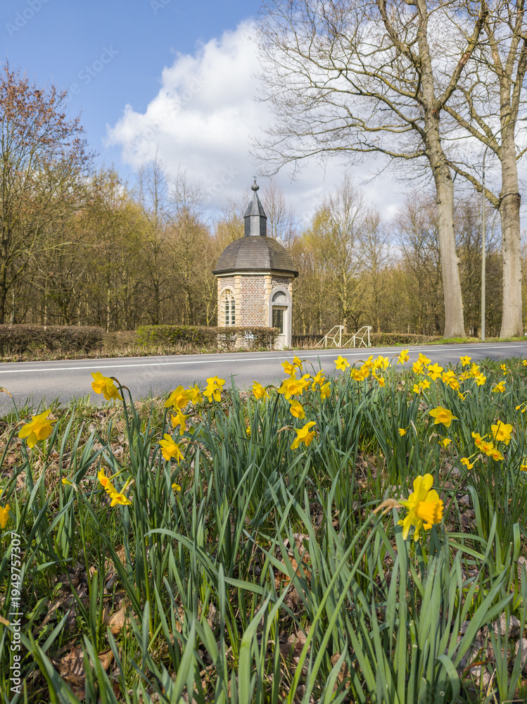 Obraz premium Diepenbeek, Belgium. Roadside chapel along a tree lined road with blooming yellow daffodils in early spring.