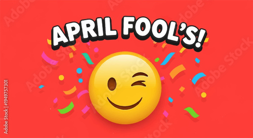 Winking face emoji with april fool's text and colorful confetti on red background playful prank expression