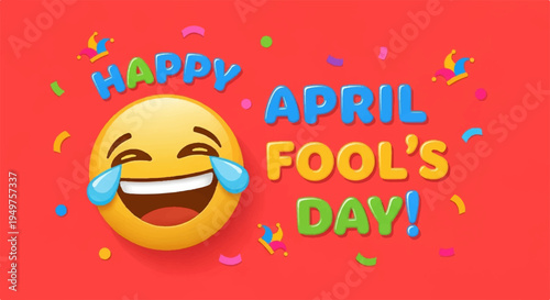 Laughing emoji with happy april fool's day text on red background with confetti