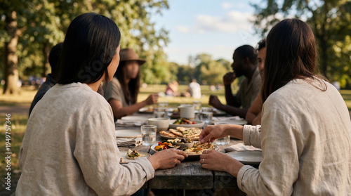 Diverse friends gathered for an enjoyable outdoor picnic, sharing a delicious meal and conversations in a sunny park.