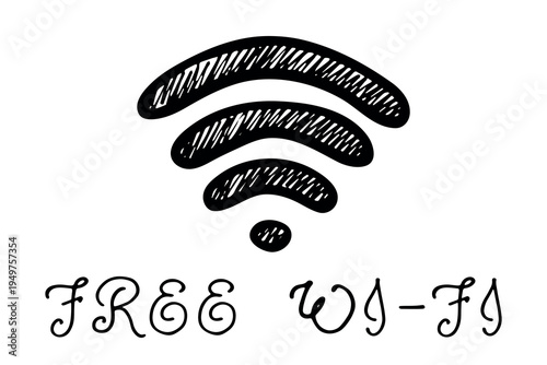 Hand drawn free wifi spot zone sign Public wi-fi area sign Wireless internet clipart in doodle style Single element for print, web, design, decor 3G, 4G, 5G, 6G, IoT