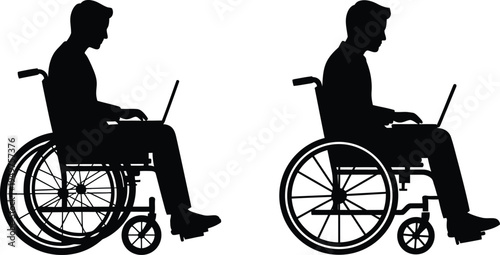 Two black silhouettes of men sitting in wheelchairs while working on portable laptop computers