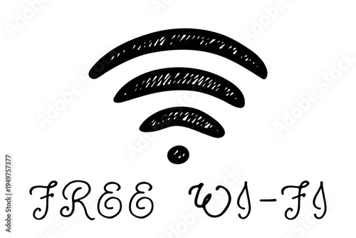 Hand drawn free wifi spot zone sign Public wi-fi area sign Wireless internet clipart in doodle style Single element for print, web, design, decor 3G, 4G, 5G, 6G, IoT
