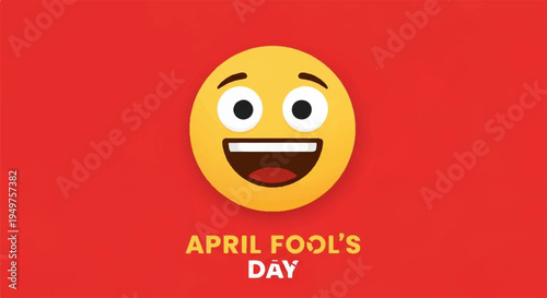 Smiling face emoji on red background with april fool's day text for prank or joke