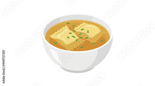 Warm and comforting bowl of ravioli soup, featuring savory pasta dumplings immersed in a rich golden broth, garnished with fresh green chives, presented as a delightful and appetizing illustration