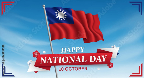 Taiwan flag waving on blue sky with happy national day text for october 10th celebrations