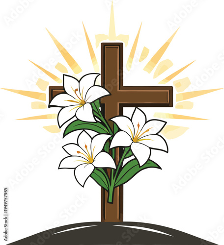 Christian Easter Resurrection Set with Cross, Empty Tomb and He Is Risen Message