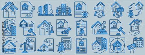 Real Estate and Property Icon Set. Icons Including mortgage, home loan, contract, tax, investment, rent, home sale, legal, renovation, budget, asset, deadline, approval, assurance, lease, apartment