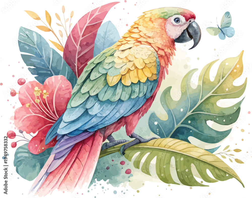 Obraz premium Hand-Painted Parrot Watercolor, Exotic Tropical Bird Art, Isolated Vector Clipart