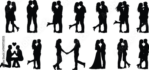 romantic couple silhouette set, loving man and woman poses vector illustration, kissing hugging proposal romance relationship bundle.eps