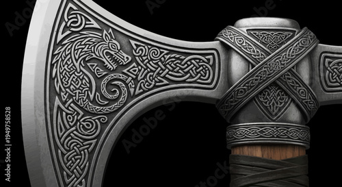 Viking battle axe with wolf engraving Celtic knotwork design