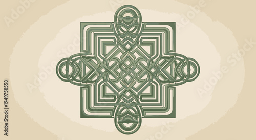Celtic knotwork design green beige background ornate