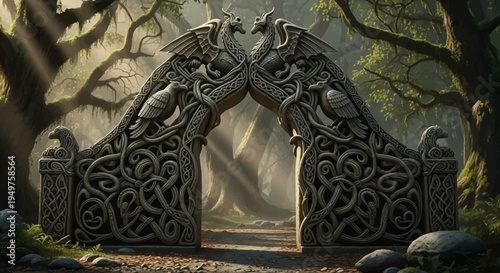 Celtic stone gate with dragons and birds in forest