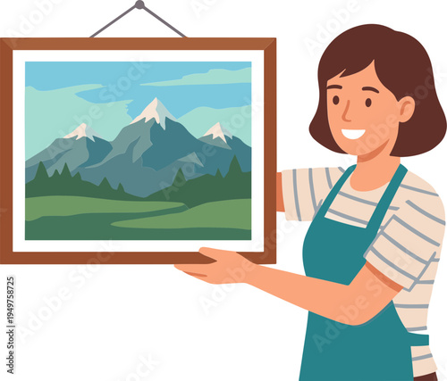 Woman presenting a framed mountain landscape painting to the viewer indoors