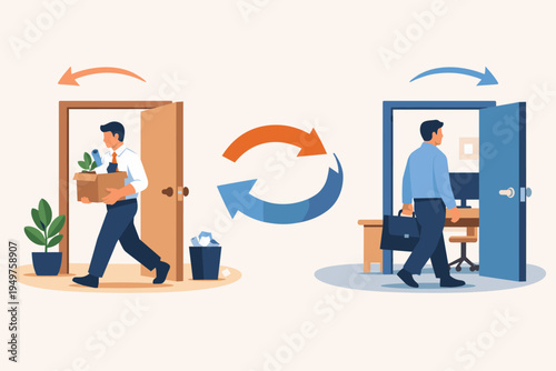 Flat Vector Illustration of Employee Exiting and Entering Office Doors Symbolizing Staff Turnover, Recruitment Cycle, Job Transition, Human Resources Management, and Workforce Replacement.