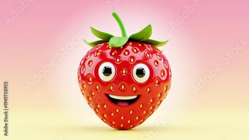 A smiling cartoon strawberry with eyes and leaves against a colorful gradient background.