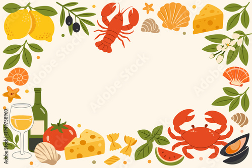 Mediterranean Summer Food Frame with Lobster, Crab, Wine, Cheese, and Lemons. Italian Cuisine Vector Illustration for Party Invitation, Menu, or Poster Design with Seafood and Pasta Elements.