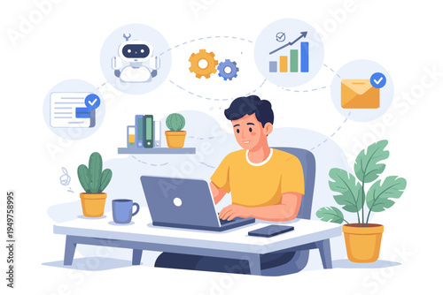 One person operator and solo founder running a fully automated online business with no-code AI systems, featuring icons for robotics, data analysis, email, and task management on a white background.