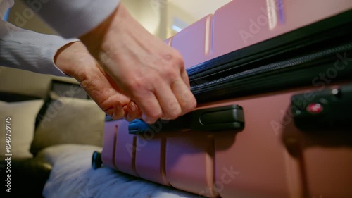 Traveler opening a suitcase and unlocking luggage zipper while preparing for travel or packing for a trip.