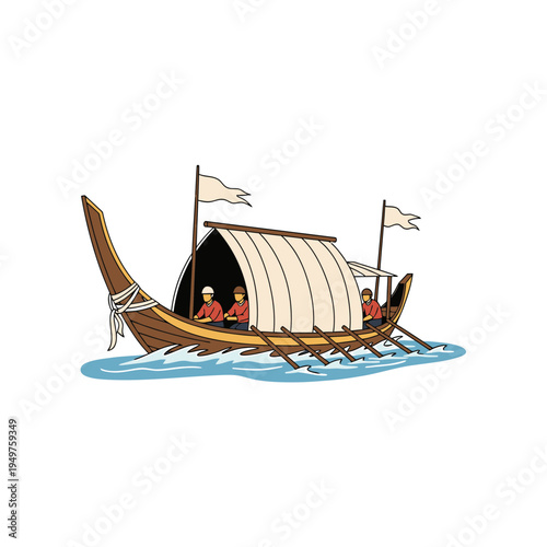 Ancient Boat with Passengers on White Background vector illustration