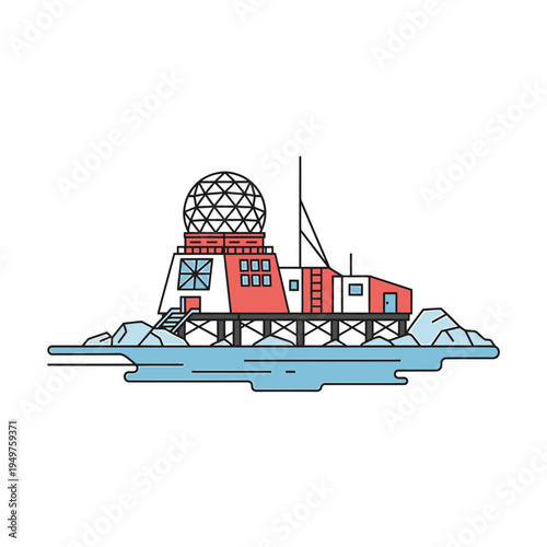 Research Station on Ice Floe Outline vector illustration