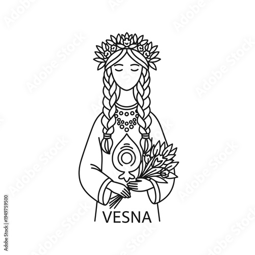 Vesna Goddess Line Art with Floral Crown and Braids vector illustration