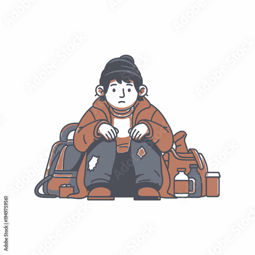 Sad Homeless Man Sitting with Bags and Belongings vector illustration