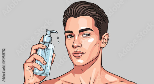 Handsome man grooming hygiene gel popart portrait liquid droplet