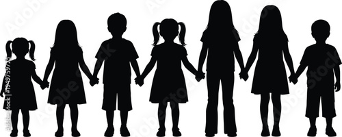 children holding hands silhouette group, boys and girls friendship unity concept, kids standing together vector illustration isolated