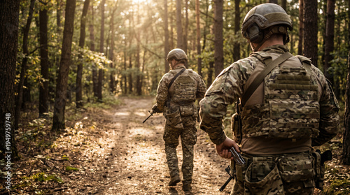 Bild auf Leinwand Military soldiers in camouflage uniform walking on a sun-dappled dirt path through a dense, green forest