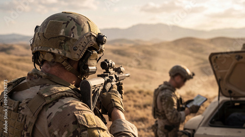 Fotografía Military soldier in combat gear aims a scoped rifle during an operation in a vast, sun-drenched desert landscape
