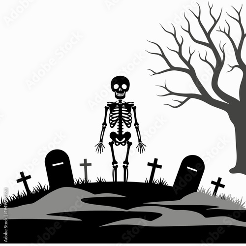Skeleton in a Graveyard Scene vector illustration