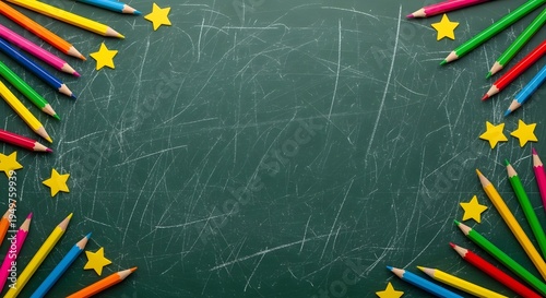 Wallpaper Mural Colorful educational background with chalkboard and art supplies Torontodigital.ca