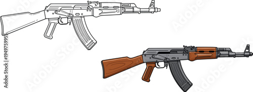 AK style rifle illustration set, assault rifle line art and colored version, military firearm vector isolated weapon design