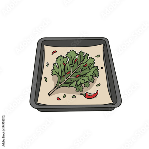 Baking Sheet with Kale and Chili Peppers vector illustration