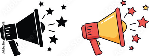 Megaphone announcement icon set with stars, loudspeaker marketing promotion symbol, communication advertising vector illustration