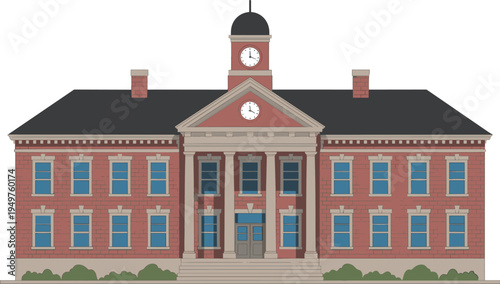 Historic university campus building with clock tower facade, classic red brick school architecture educational institution vector illustration