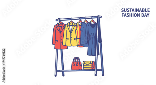 Sustainable Fashion Day with Clothes on a Rack vector illustration