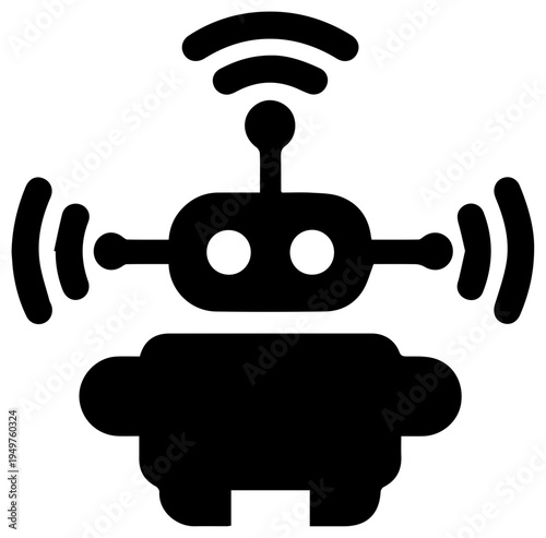 Solid black filled icon of a bot detection automated symbol with wi fi signal on white background for technology and security concepts
