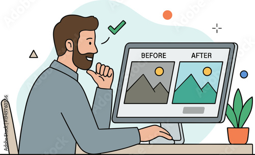 A man sitting at a desk edits photos on a computer screen comparing before and after images.