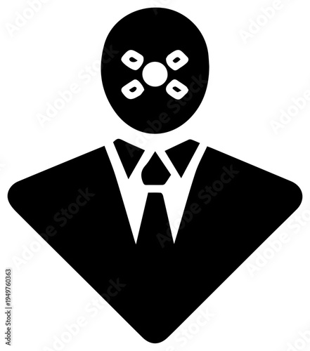 Solid black filled icon of a ceo impersonation or fraud concept with a suit and tie on a white background