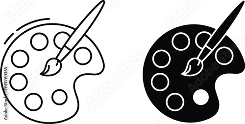 Artist paint palette with brush icons set, creative art tools symbol, painting equipment vector illustration collection